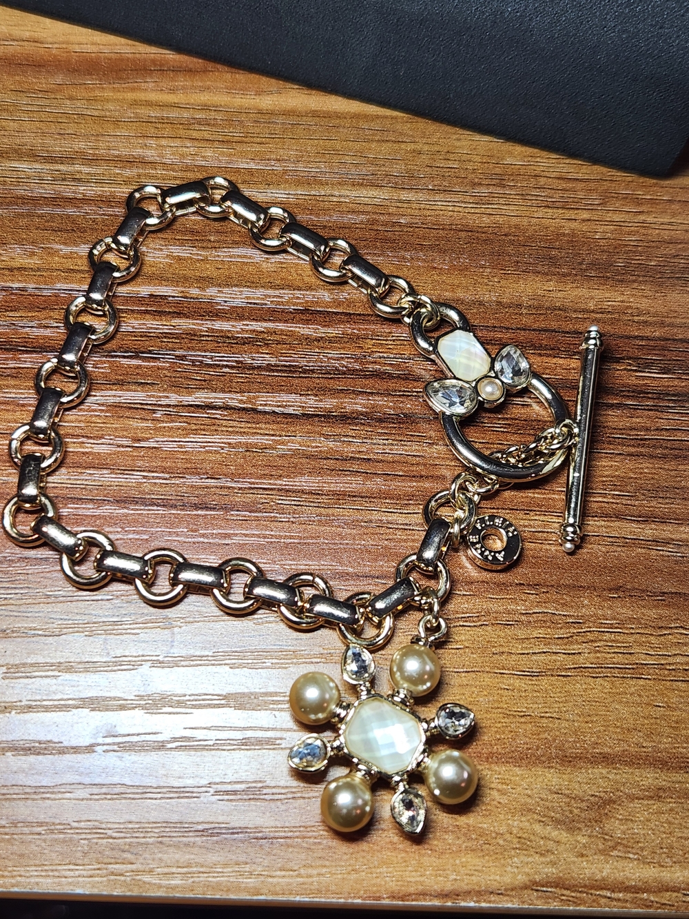 Anne Klein Gold-Tone Pearl & Crystal Flower Toggle Bracelet - Women